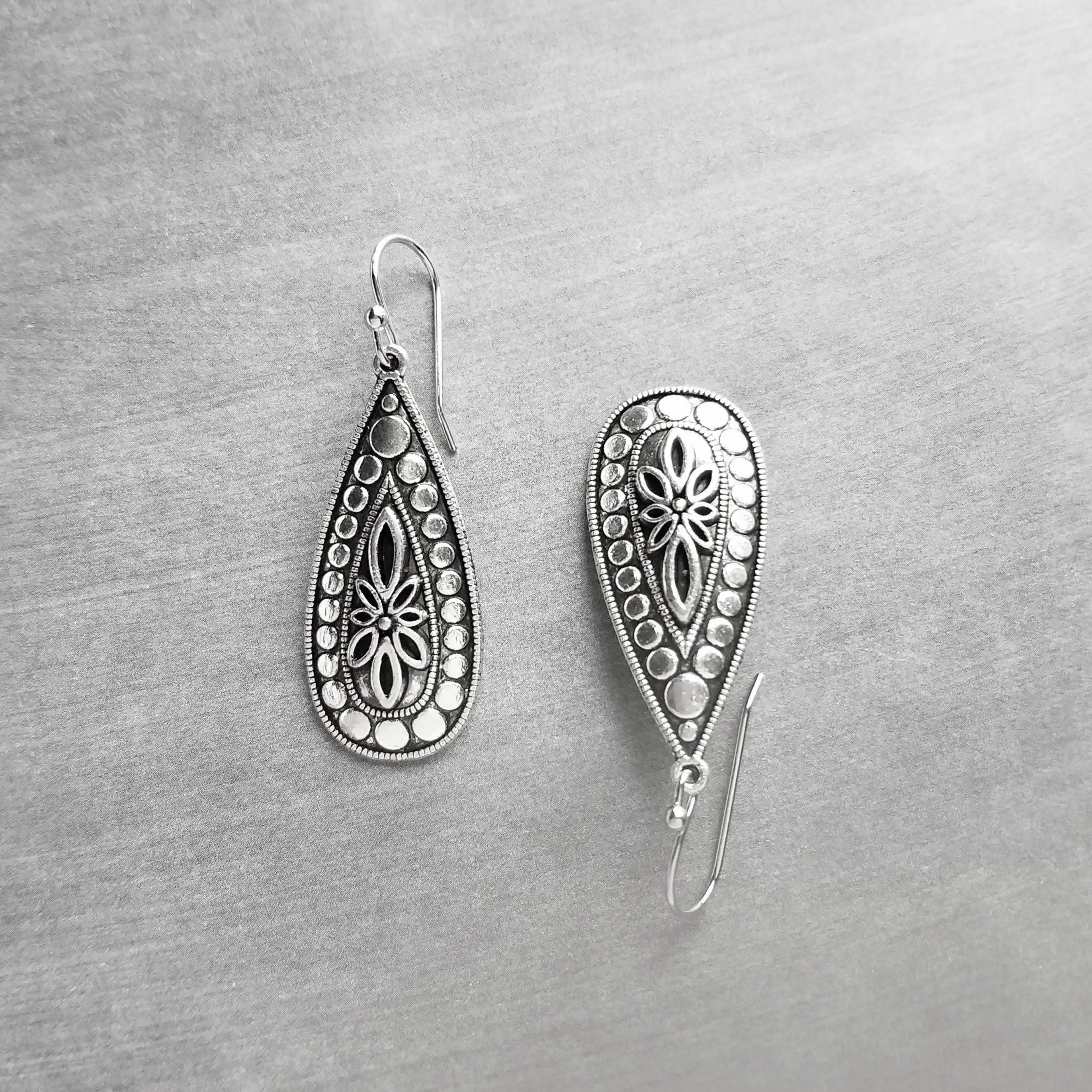 Silver Teardrop Earring, silver boho earring, antique silver dangle, ornate silver drop, tear drop earring, narrow drop earring, elongated