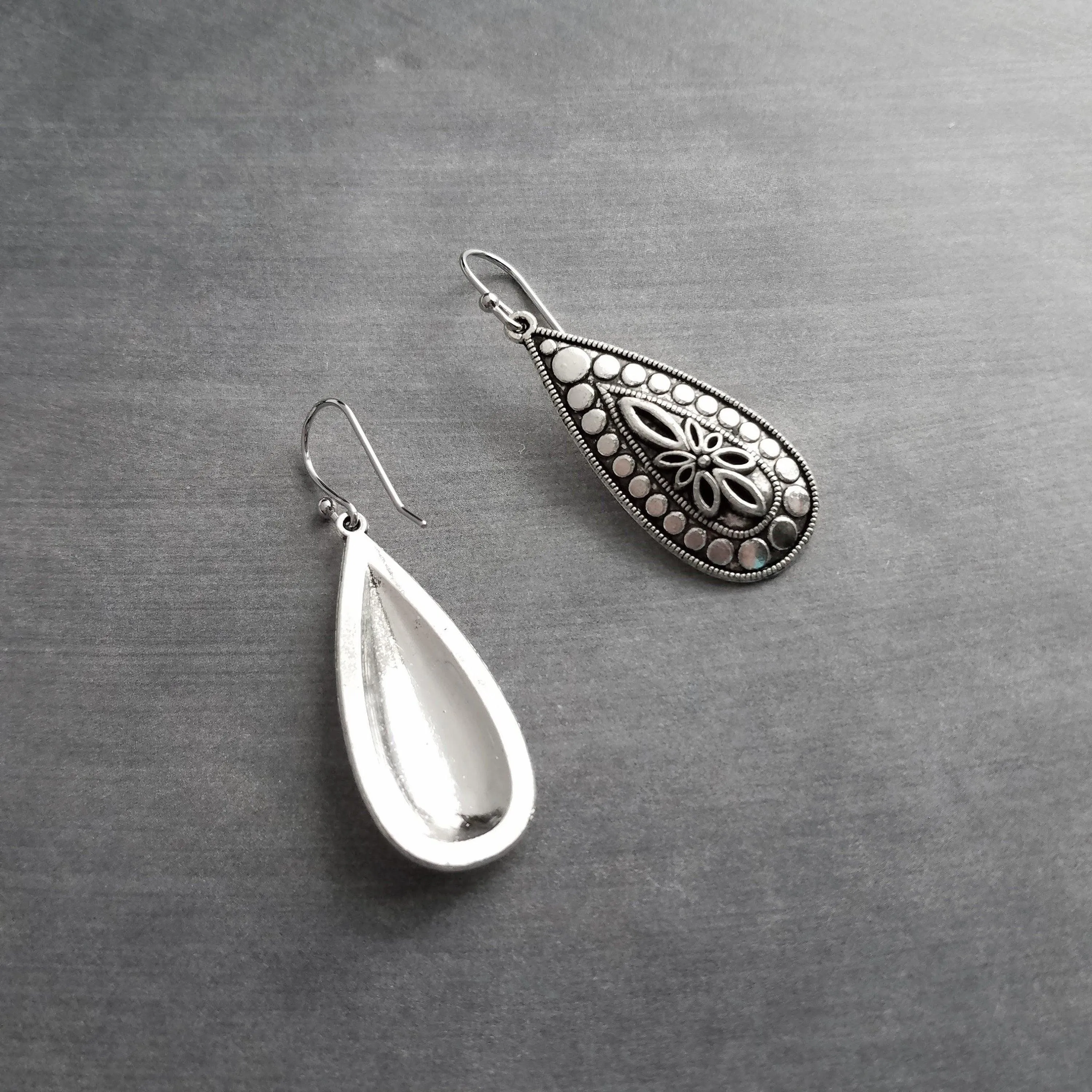 Silver Teardrop Earring, silver boho earring, antique silver dangle, ornate silver drop, tear drop earring, narrow drop earring, elongated