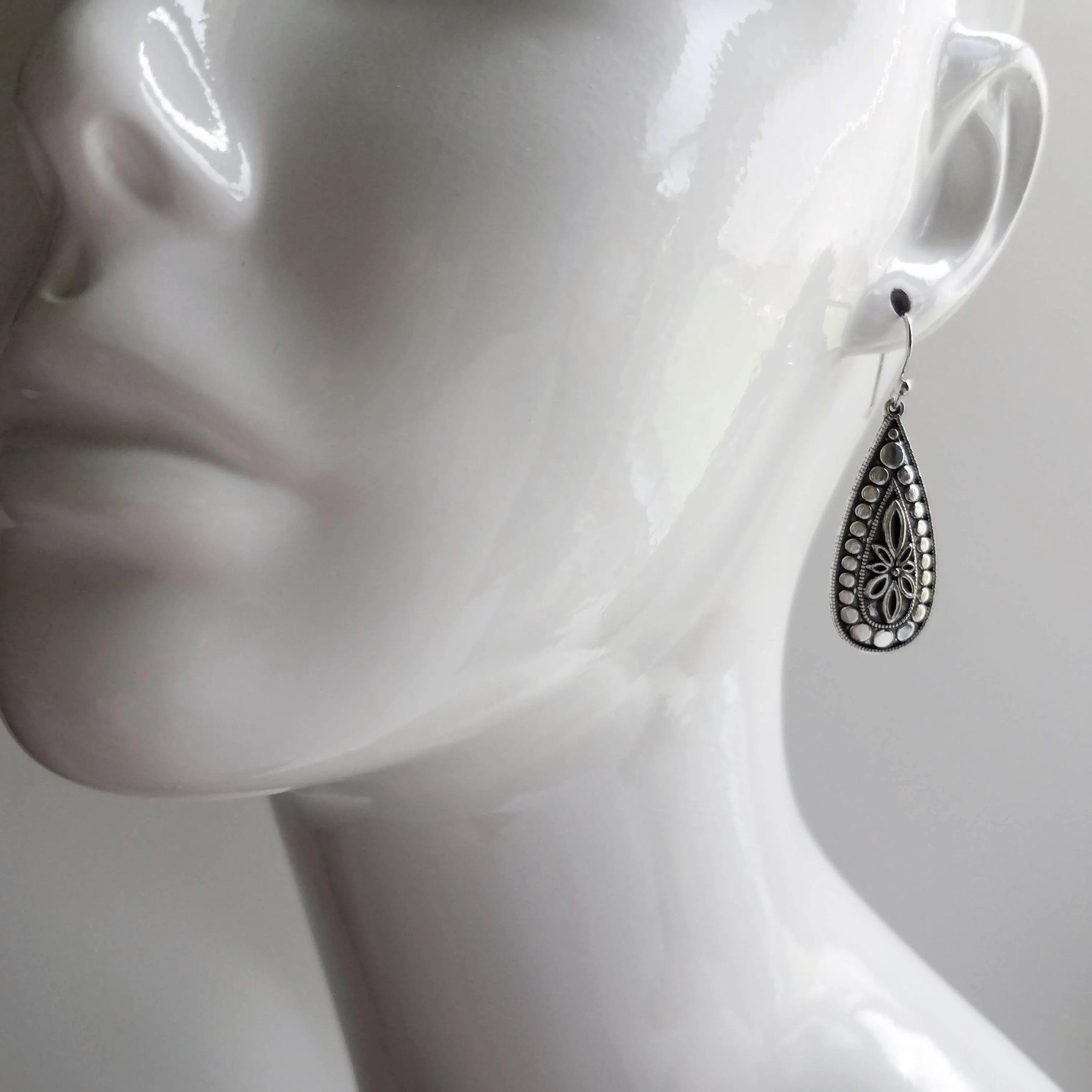 Silver Teardrop Earring, silver boho earring, antique silver dangle, ornate silver drop, tear drop earring, narrow drop earring, elongated