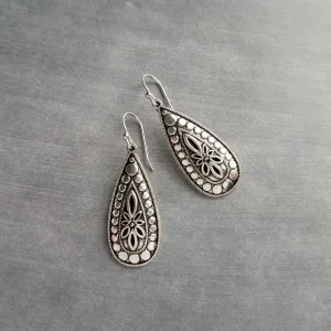 Silver Teardrop Earring, silver boho earring, antique silver dangle, ornate silver drop, tear drop earring, narrow drop earring, elongated