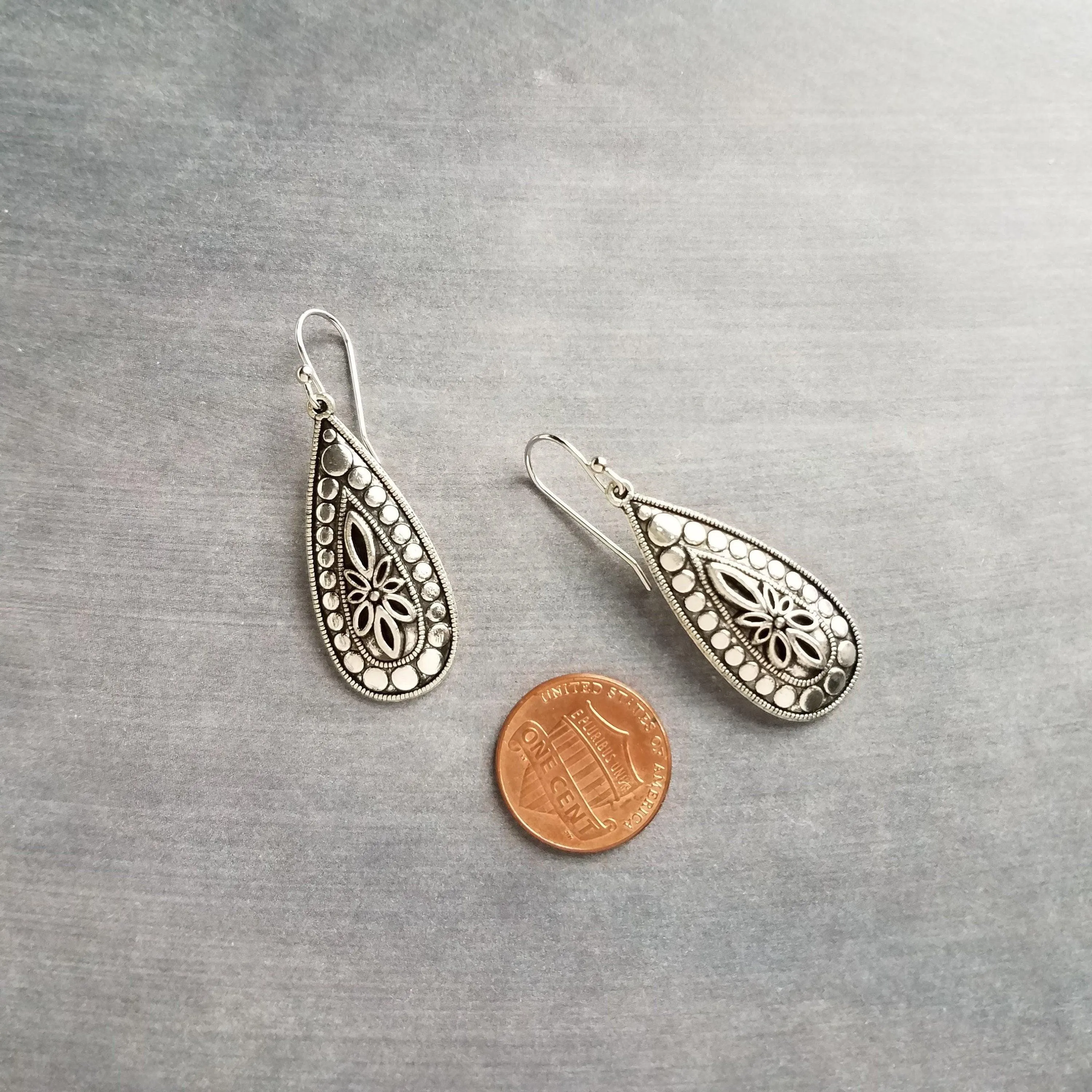 Silver Teardrop Earring, silver boho earring, antique silver dangle, ornate silver drop, tear drop earring, narrow drop earring, elongated
