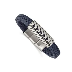 Stainless Steel Antiqued and Polished Blue Braided Leather Bracelet