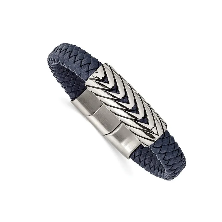 Stainless Steel Antiqued and Polished Blue Braided Leather Bracelet