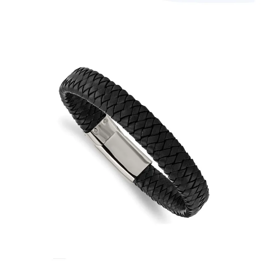 Stainless Steel Polished Black Braided Leather Bracelet