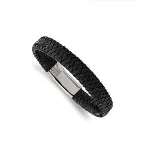 Stainless Steel Polished Black Braided Leather Bracelet