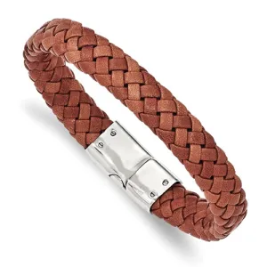 Stainless Steel Polished Woven Brown Leather Bracelet