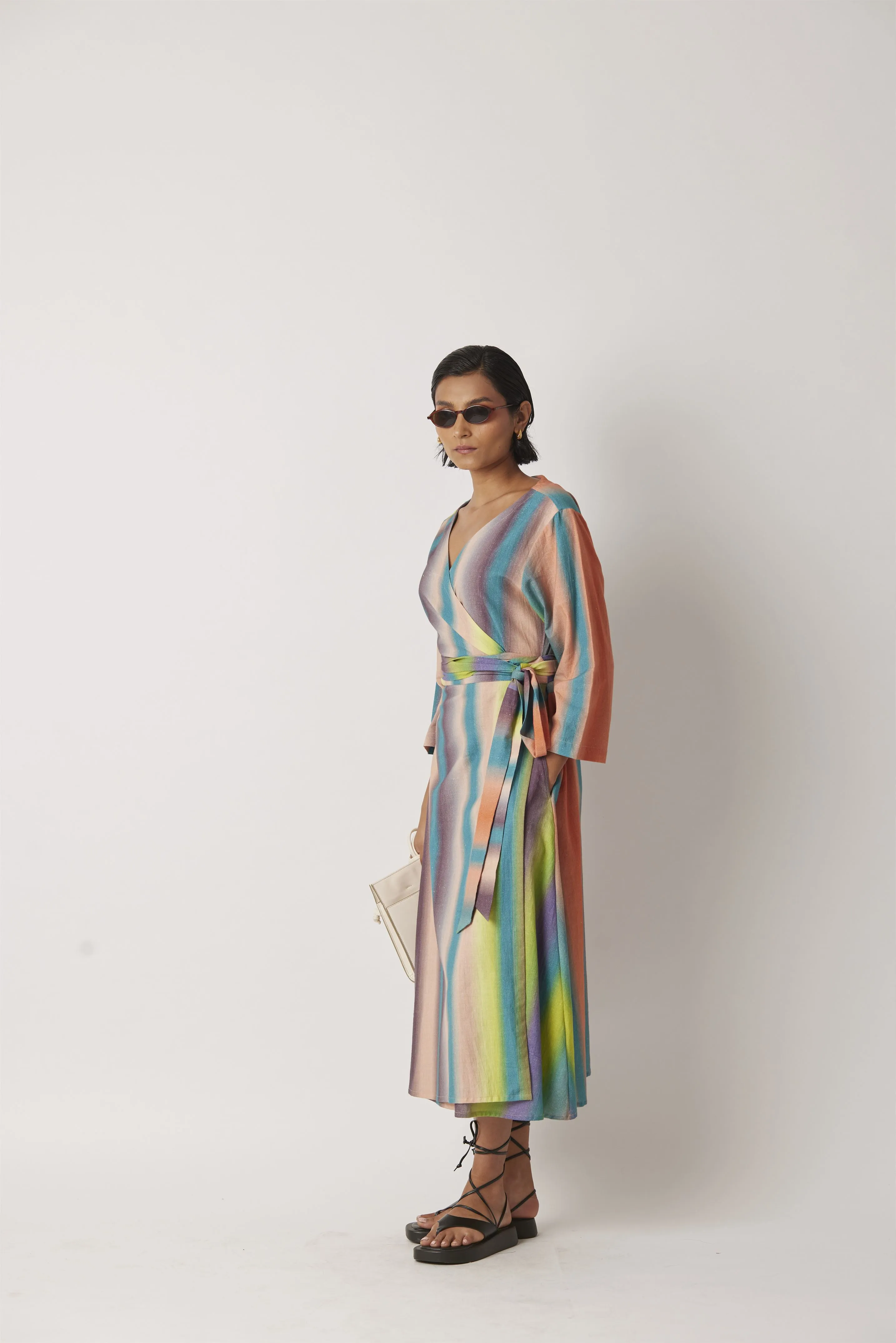 Summer Dress Wrap Khadi Macro Print-Hazy Stripe-Fashion Edit-Yc14D-30 Yc14Hs -01-Yavi