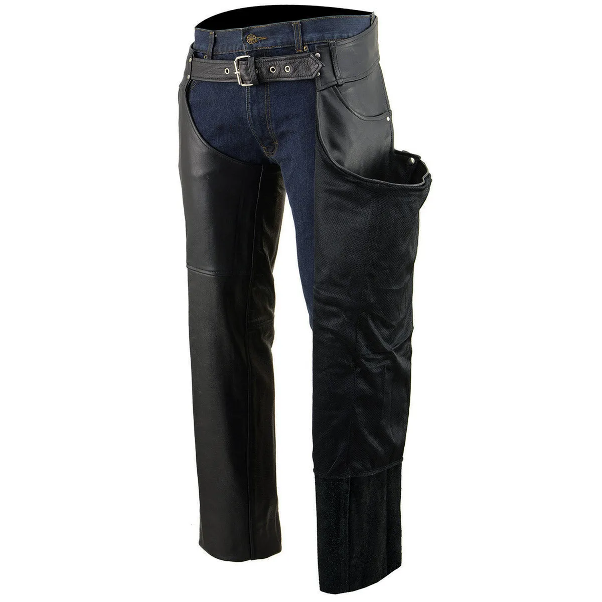 TALL SH1101TALL Chaps for Men's Black Premium Leather - Classic Jean Style Pockets Motorcycle Chap - SH1101TALL