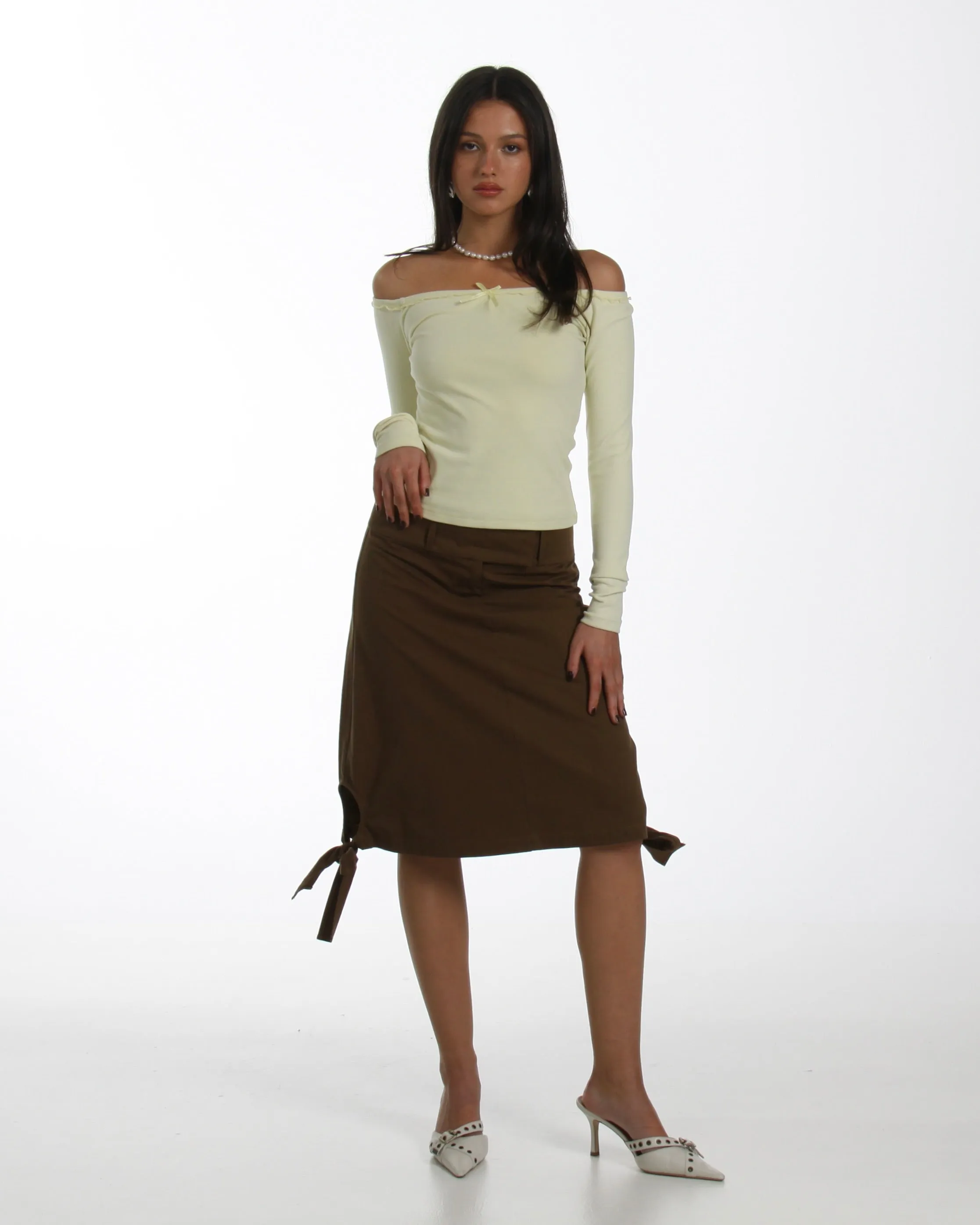 Tie Side Midi Skirt in Kahki