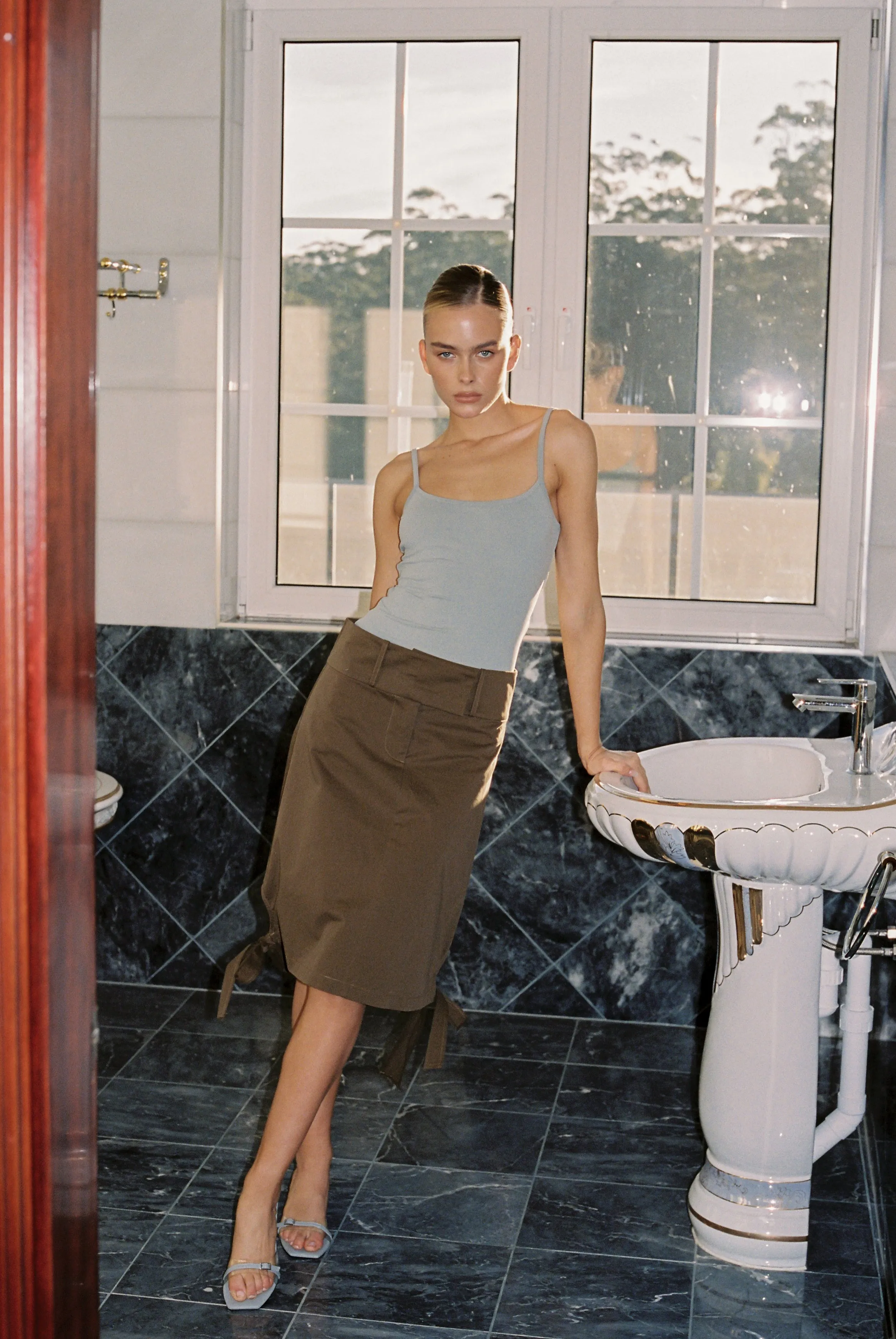 Tie Side Midi Skirt in Kahki