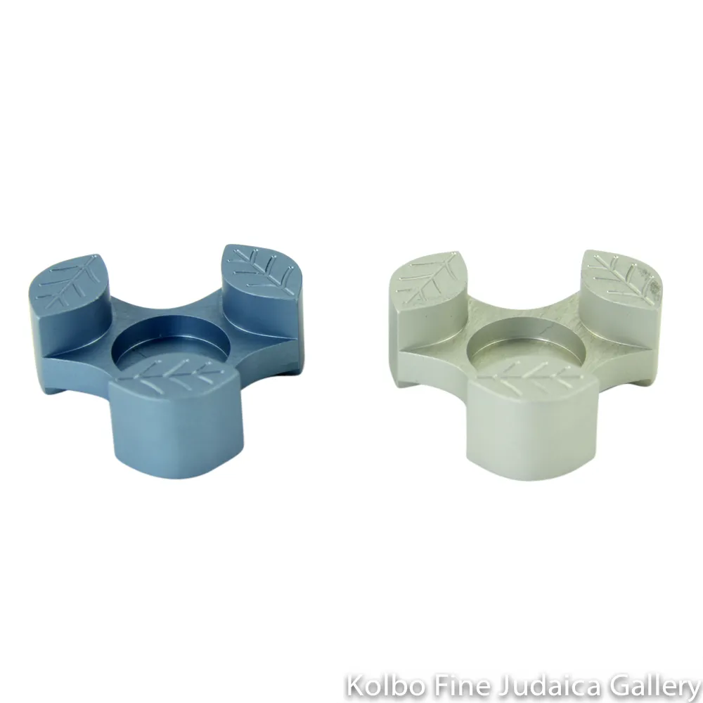 Traveling Candlesticks, Interlocking Leaf Design, Teal and Gray Anodized Aluminum