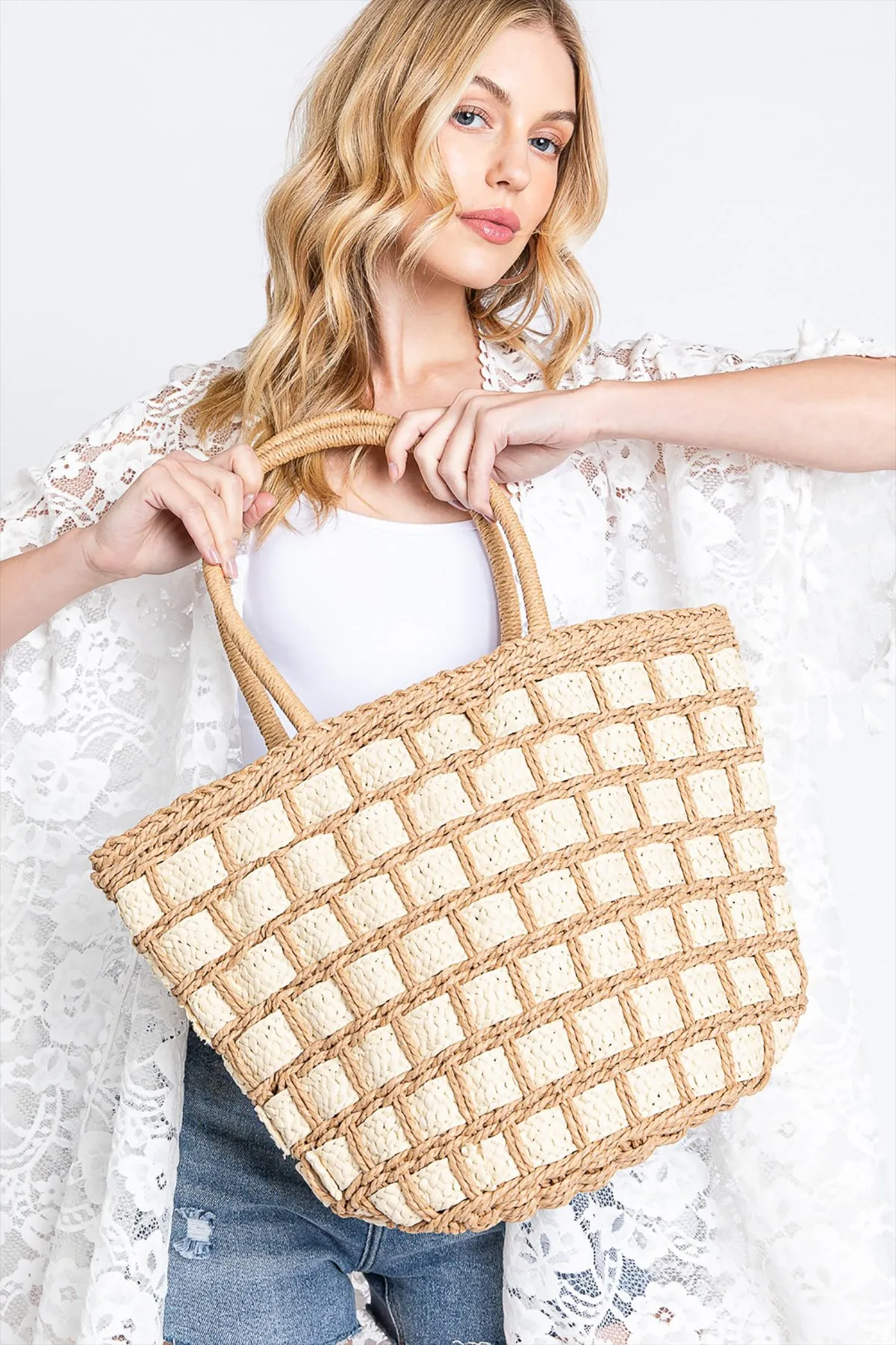 TWO TONE COLOR BLOCK STRAW BAG