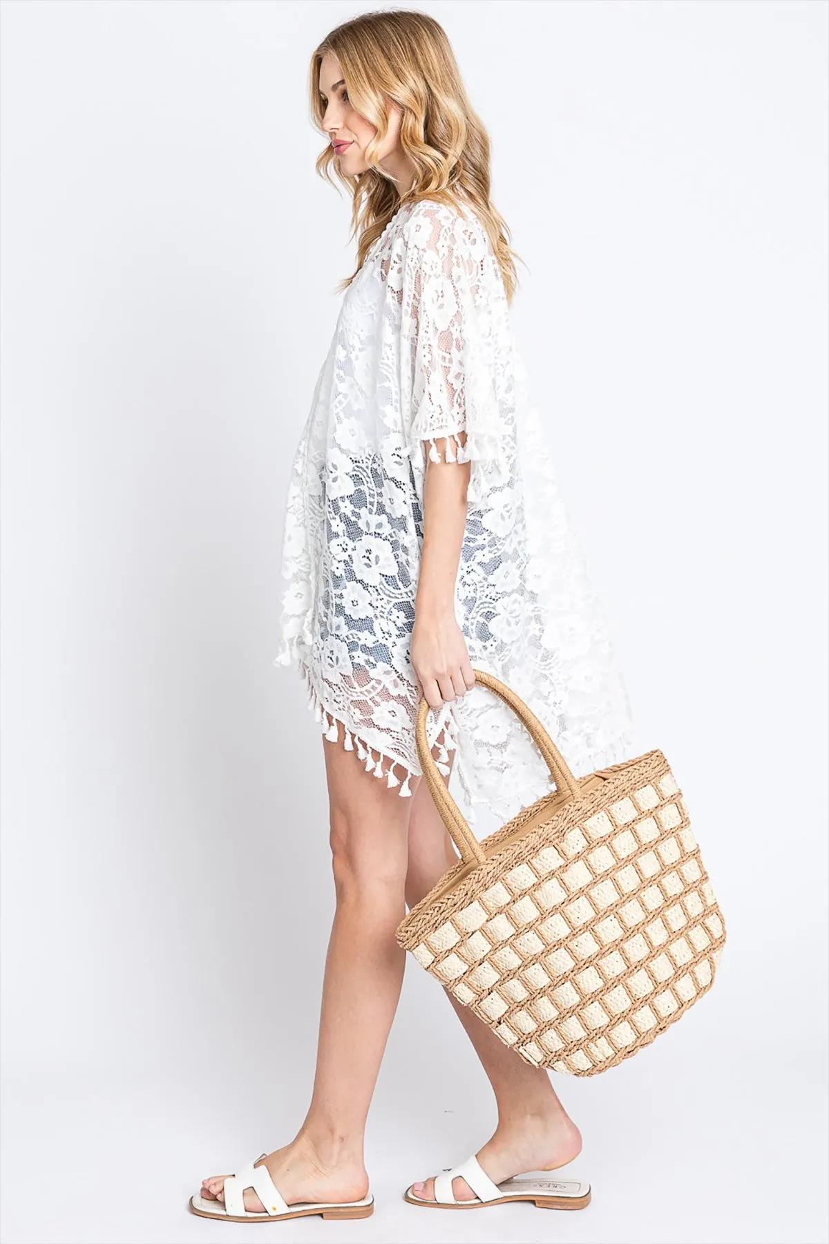 TWO TONE COLOR BLOCK STRAW BAG