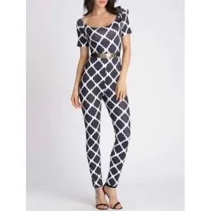 U Neck Printed Slimming Jumpsuit - Black M