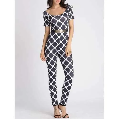 U Neck Printed Slimming Jumpsuit - Black M