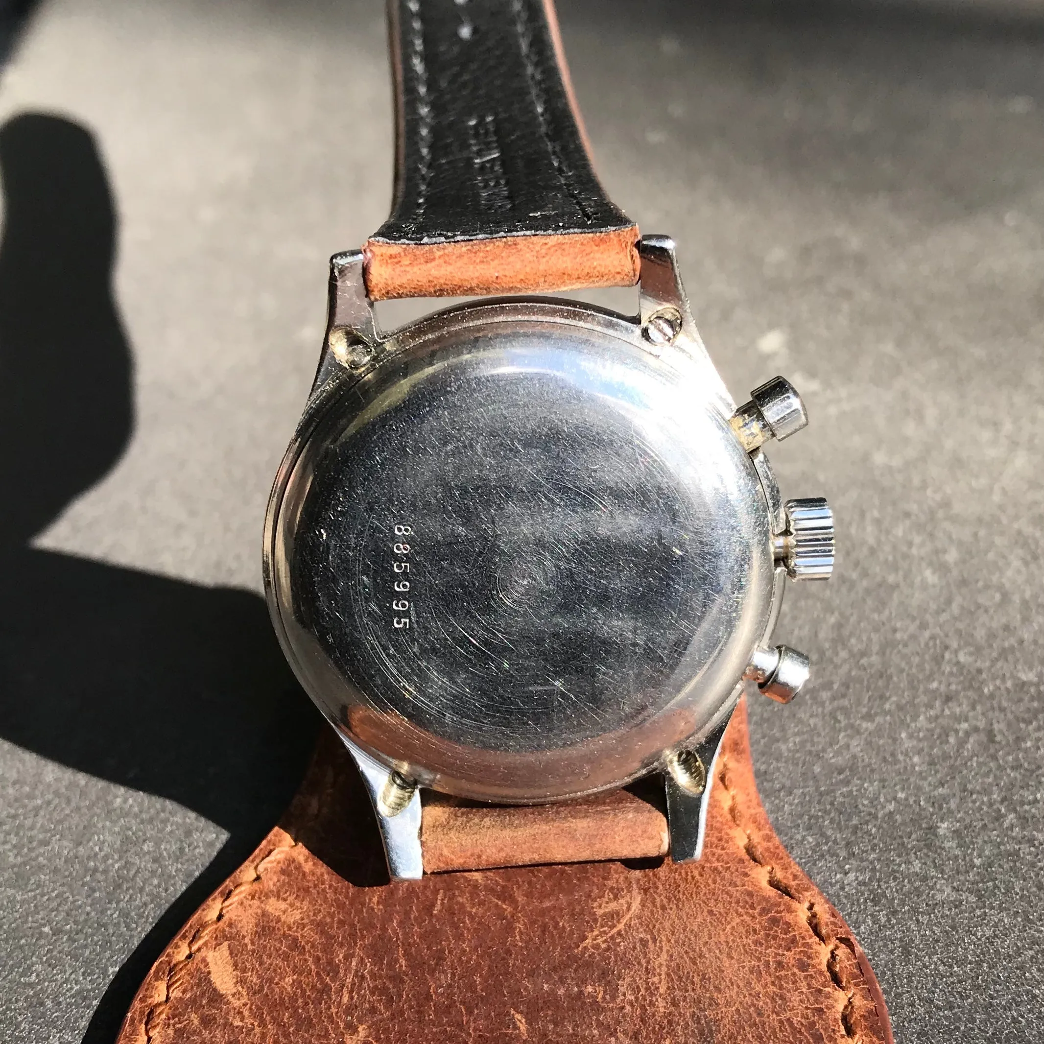 Vintage Croton Clamshell Steel Chronograph Sunburst Patina Manual Wristwatch