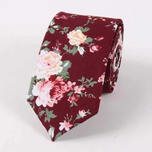 Vintage Floral Printed Cotton Neck Tie - Wine Red