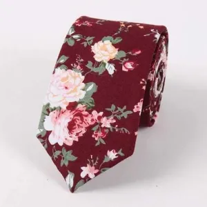 Vintage Floral Printed Cotton Neck Tie - Wine Red