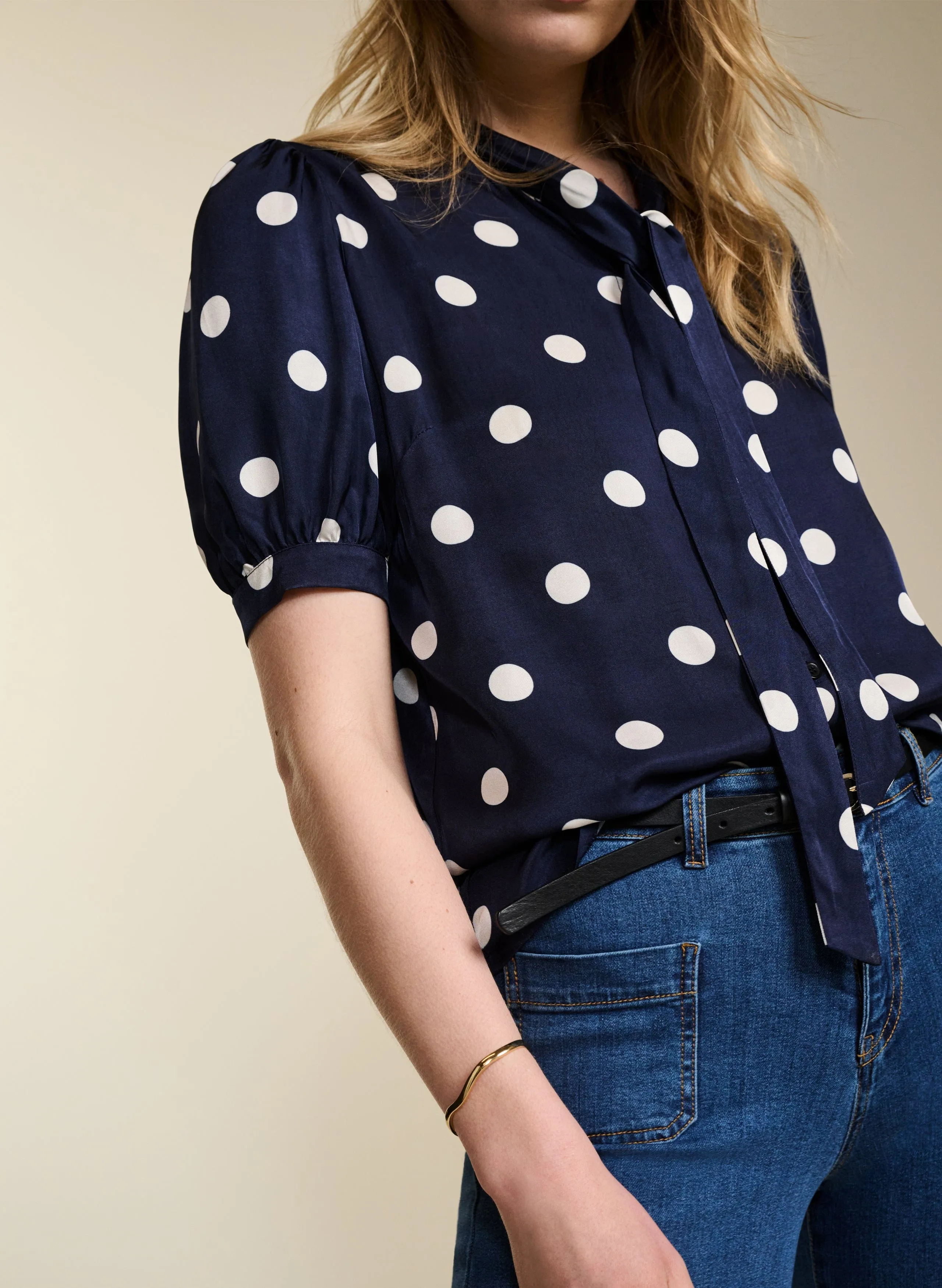 Violette Satin Blouse | Navy Big Polka