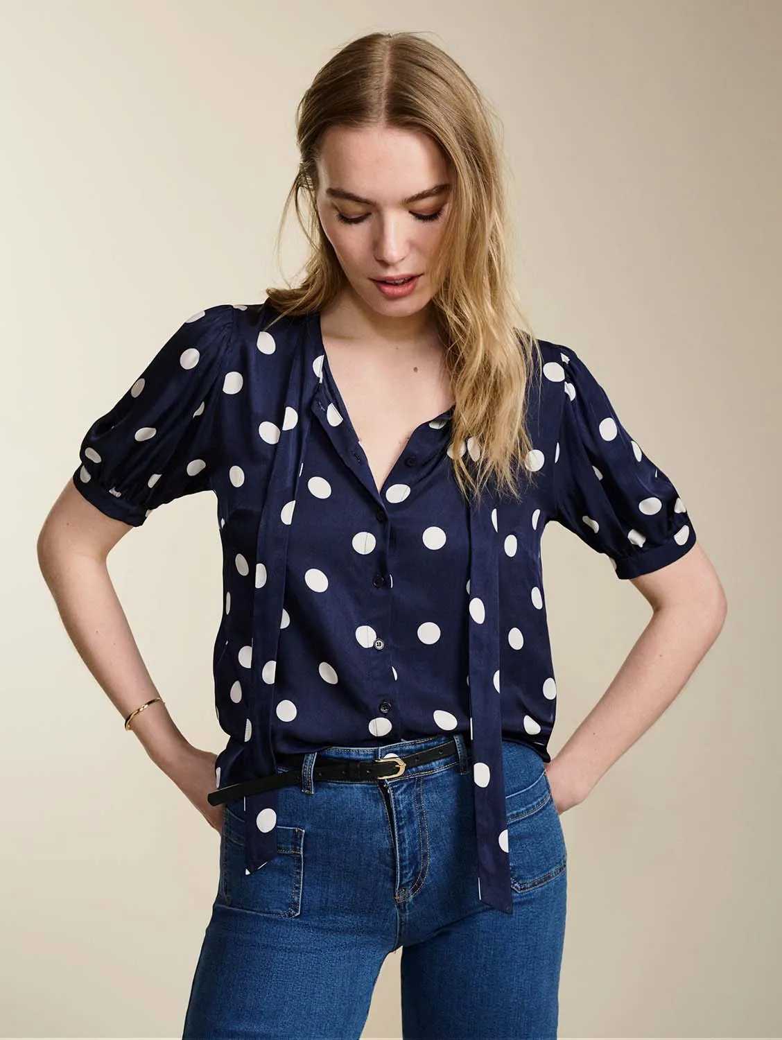 Violette Satin Blouse | Navy Big Polka