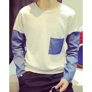 Vogue Round Neck Color Block Denim Splicing Loose Fit Long Sleeve Polyester Sweatshirt For Men - Light Gray L