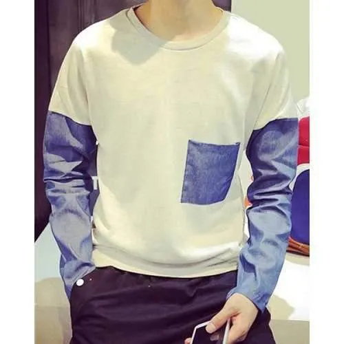 Vogue Round Neck Color Block Denim Splicing Loose Fit Long Sleeve Polyester Sweatshirt For Men - Light Gray L