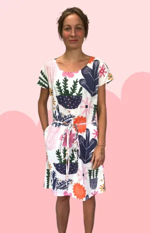 White Retro Pot Plant Garden 100% cotton dress with pockets (cap sleeves)