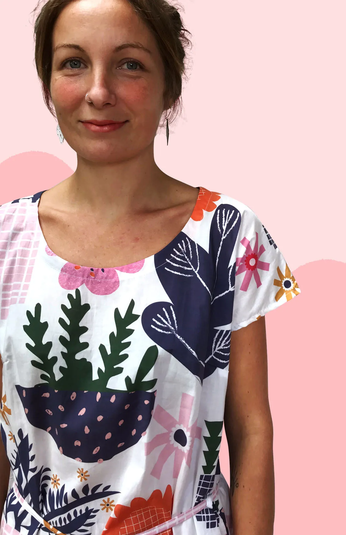 White Retro Pot Plant Garden 100% cotton dress with pockets (cap sleeves)