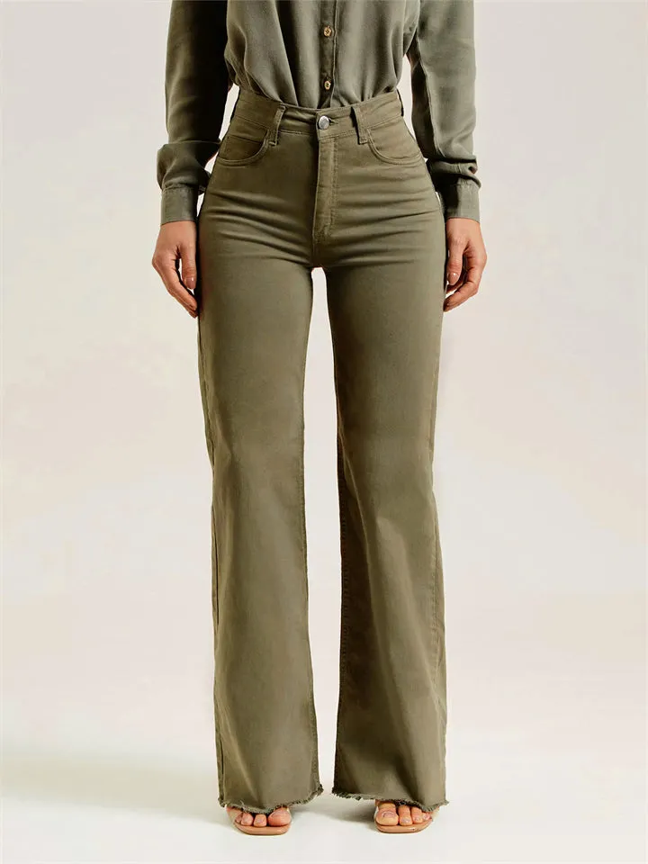 Women's Bouncy Slim Fit Olive Green Raw Edge Flared Jeans