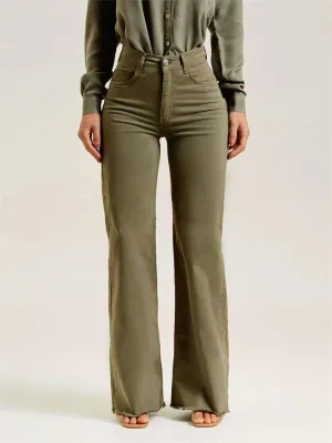 Women's Bouncy Slim Fit Olive Green Raw Edge Flared Jeans