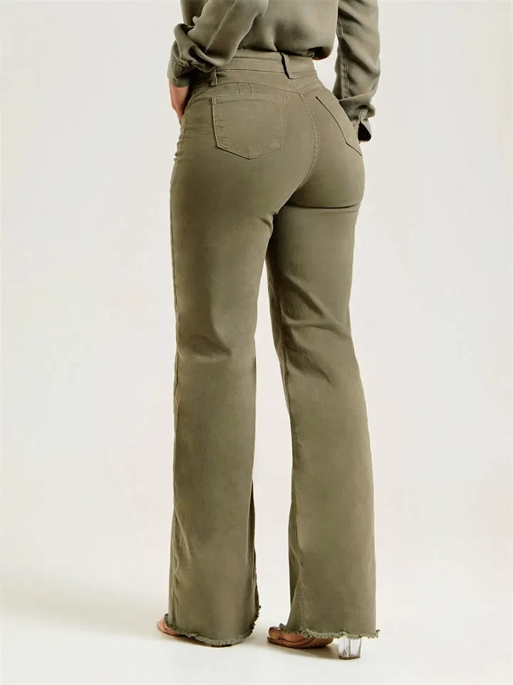 Women's Bouncy Slim Fit Olive Green Raw Edge Flared Jeans