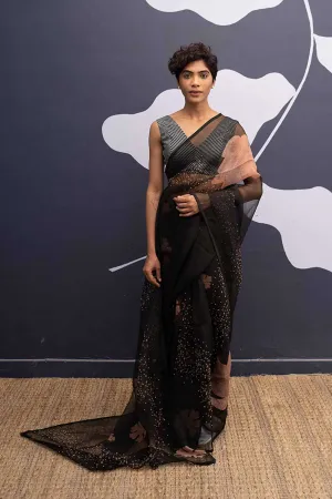 YAM   I   Gervasi OPHELIA BLACK SAREE 1  (SAREE)  [BLOUSE STITCHED/ UNSTITCHED NOT INCLUDED] SILK ORGANZA BLACK YAMSR22