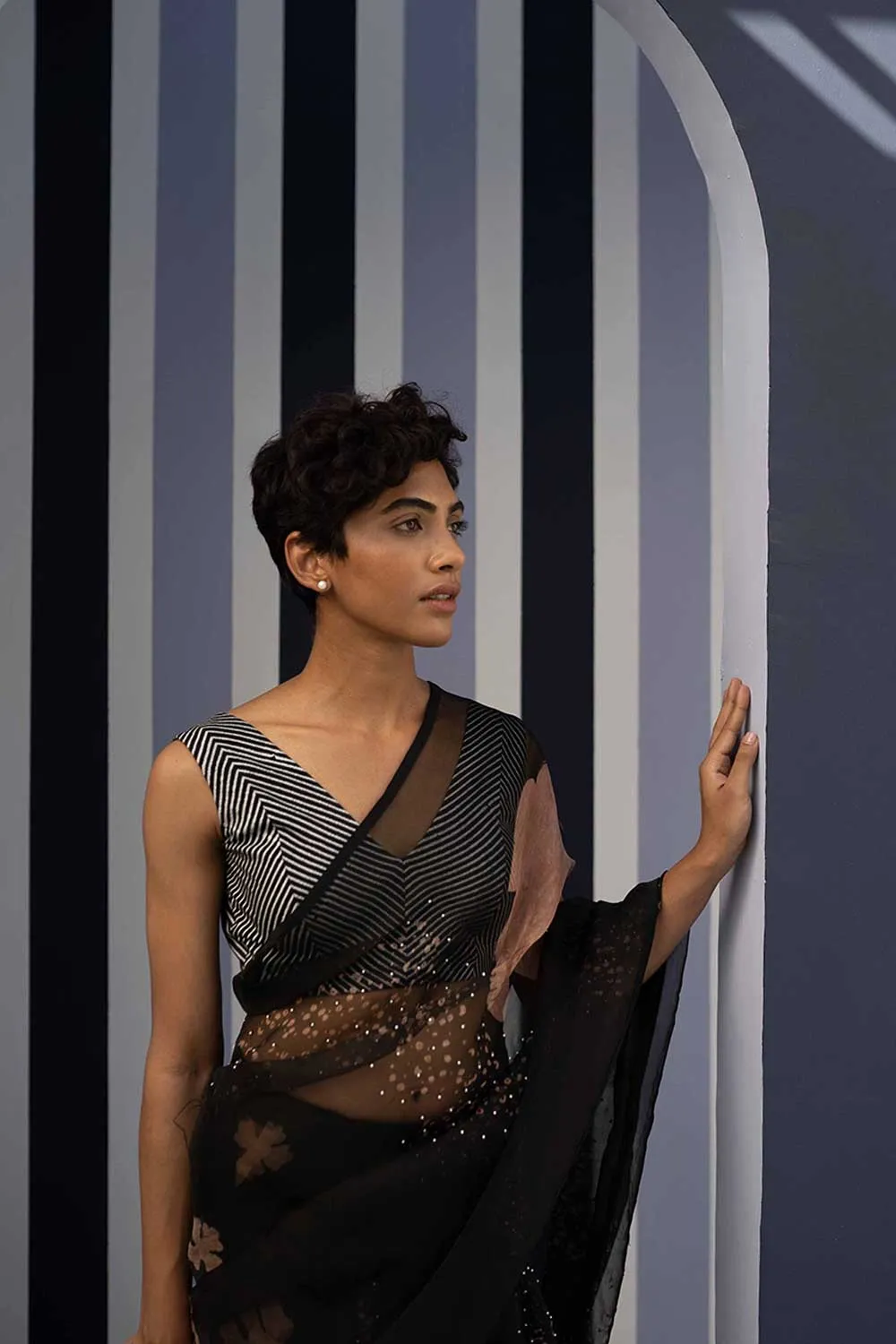YAM   I   Gervasi OPHELIA BLACK SAREE 1  (SAREE)  [BLOUSE STITCHED/ UNSTITCHED NOT INCLUDED] SILK ORGANZA BLACK YAMSR22