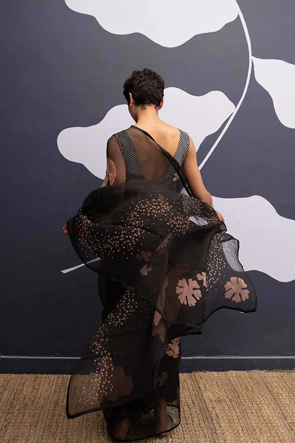 YAM   I   Gervasi OPHELIA BLACK SAREE 1  (SAREE)  [BLOUSE STITCHED/ UNSTITCHED NOT INCLUDED] SILK ORGANZA BLACK YAMSR22