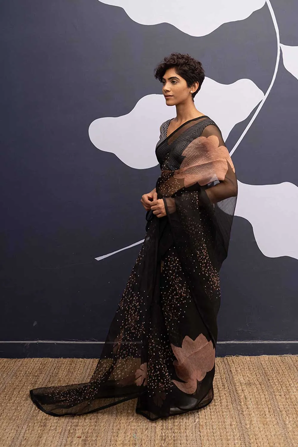 YAM   I   Gervasi OPHELIA BLACK SAREE 1  (SAREE)  [BLOUSE STITCHED/ UNSTITCHED NOT INCLUDED] SILK ORGANZA BLACK YAMSR22