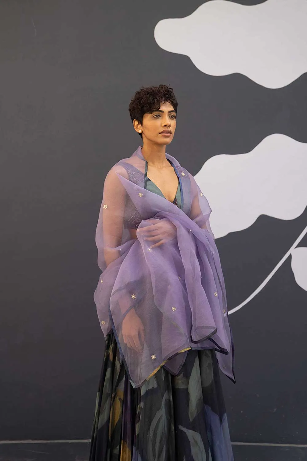 YAM   I   Lleida BABKA LEHENGA 3  (BLOUSE, SKIRT & DUPATTA) BLOUSE & SKIRT - SILK  DUPATTA - ORGANZA BLUE YAMLG10