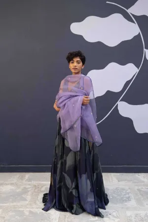 YAM   I   Lleida BABKA LEHENGA 3  (BLOUSE, SKIRT & DUPATTA) BLOUSE & SKIRT - SILK  DUPATTA - ORGANZA BLUE YAMLG10