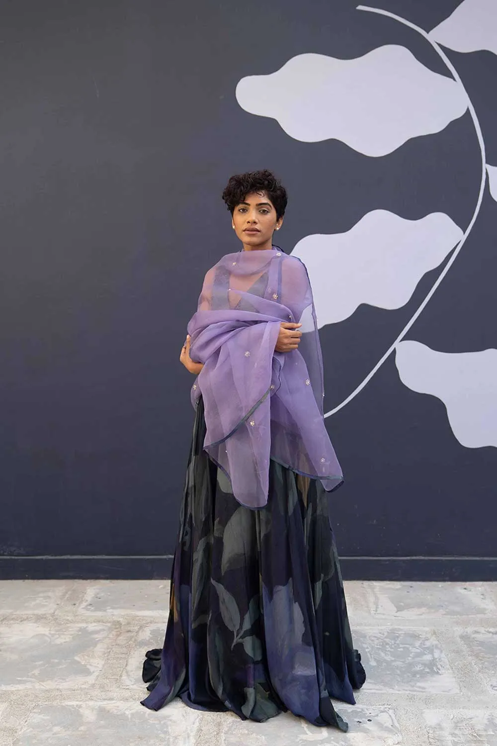 YAM   I   Lleida BABKA LEHENGA 3  (BLOUSE, SKIRT & DUPATTA) BLOUSE & SKIRT - SILK  DUPATTA - ORGANZA BLUE YAMLG10