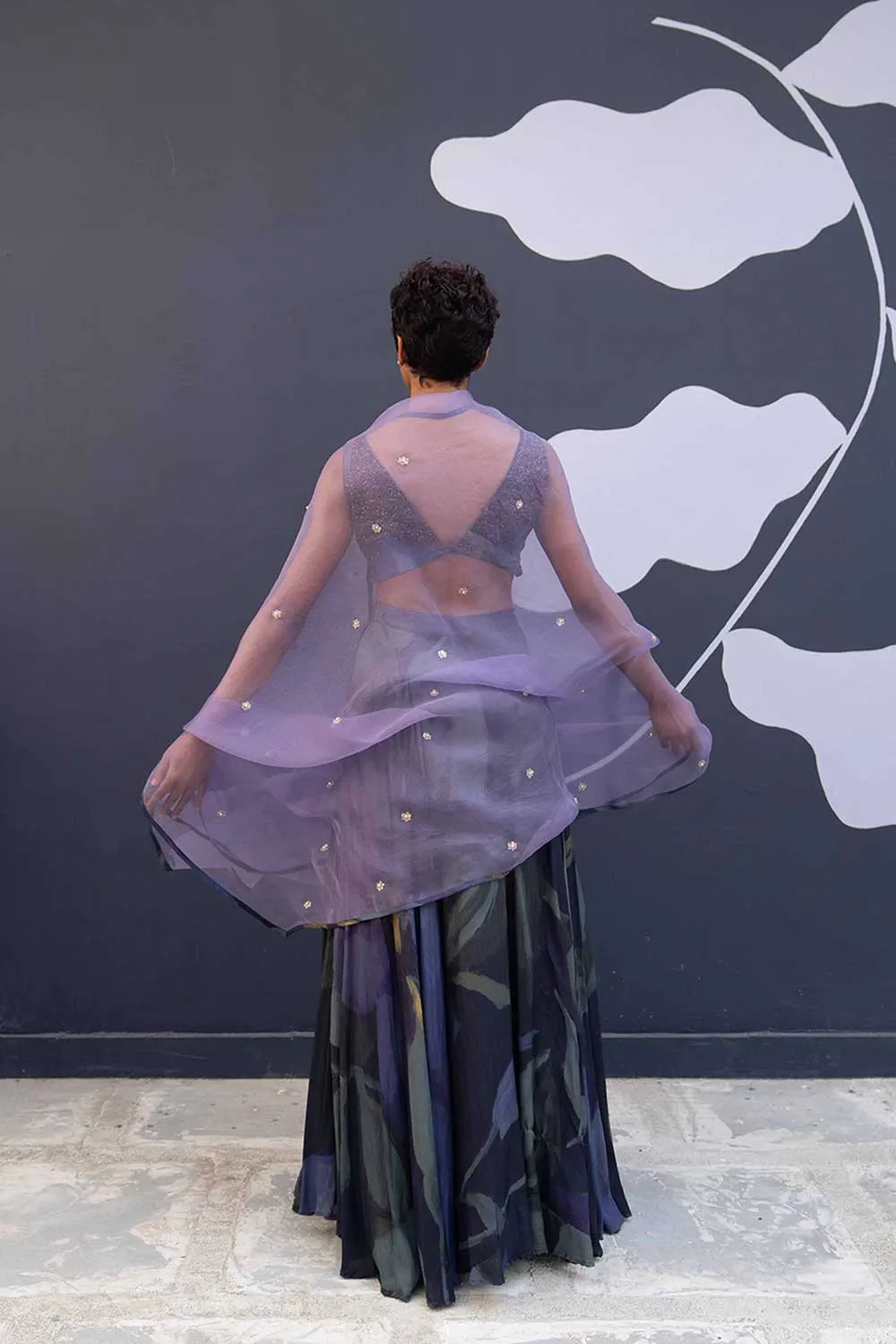 YAM   I   Lleida BABKA LEHENGA 3  (BLOUSE, SKIRT & DUPATTA) BLOUSE & SKIRT - SILK  DUPATTA - ORGANZA BLUE YAMLG10