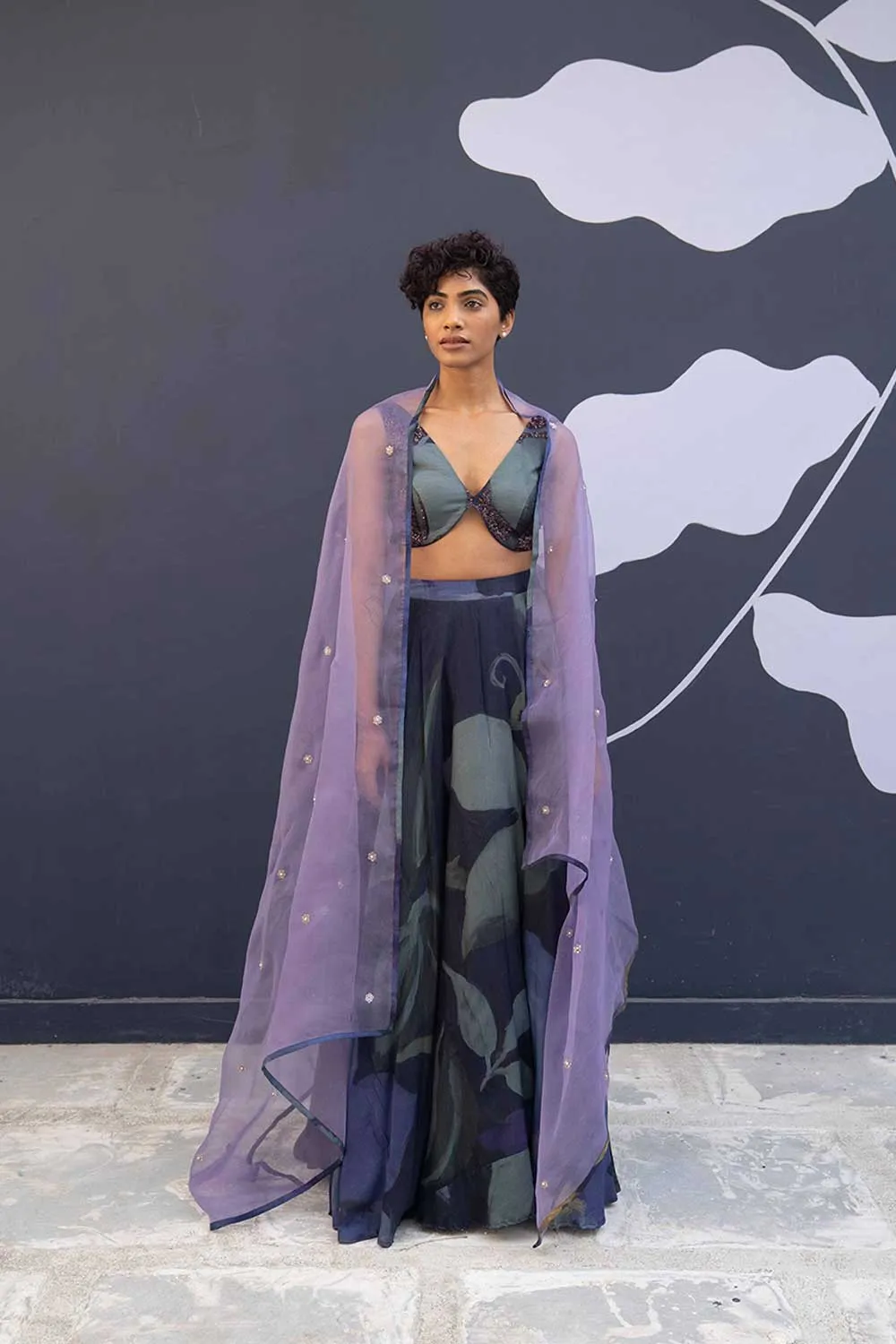 YAM   I   Lleida BABKA LEHENGA 3  (BLOUSE, SKIRT & DUPATTA) BLOUSE & SKIRT - SILK  DUPATTA - ORGANZA BLUE YAMLG10